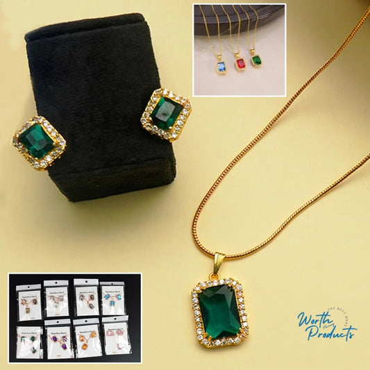 Stone Pendant Necklace Chain Set With Earrings