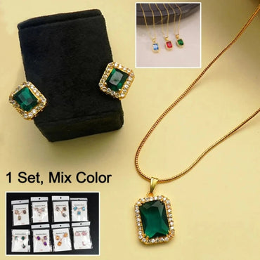 Stone Pendant Necklace Chain Set With Earrings